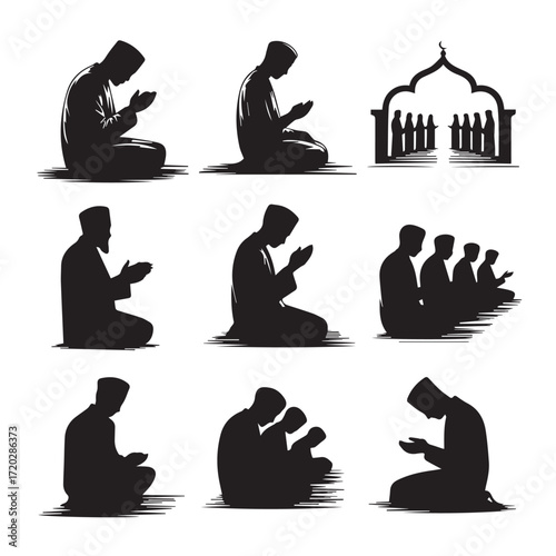 Collection of diverse islamic prayer silhouettes showing individuals and groups in prayer positions with mosque architecture background