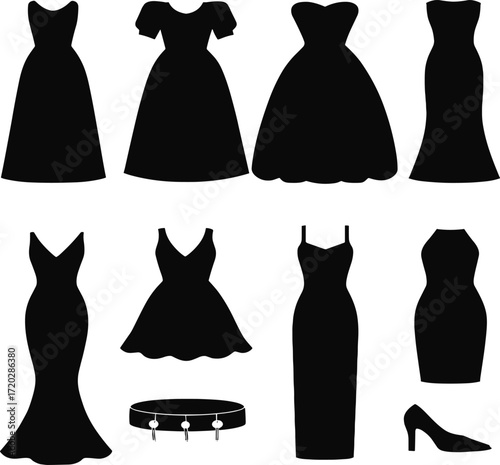 Fashion silhouette collection, women’s dresses and accessories, elegant outfit design, vector illustration, stylish wardrobe elements, dress styles, high heel, clutch bag, necklace, minimal art