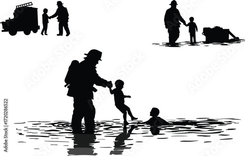 Firefighter rescue silhouettes, child safety, emergency response, water rescue, fire truck scene, protective action, community service, heroic illustration