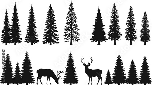 Forest silhouette illustration with deer, conifer trees, wildlife nature scene, woodland background, vector art, black animal shapes, outdoor landscape design