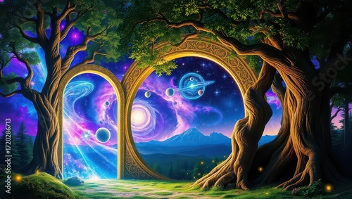 Magical portal with cosmic view surrounded by trees and vibrant colors
