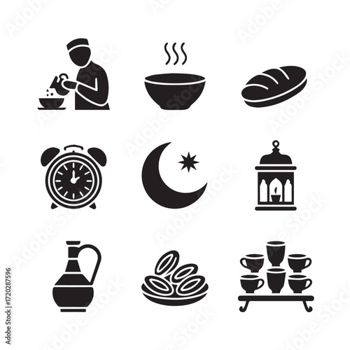 Collection of islamic ramadan icons including a person eating soup bread alarm clock crescent moon lantern oil jug dates and tea cups