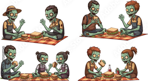 Funny cartoon zombie firefighter character extinguishing fire with water hose, burning helmet, spooky Halloween horror rescue scene for creepy comic artwork