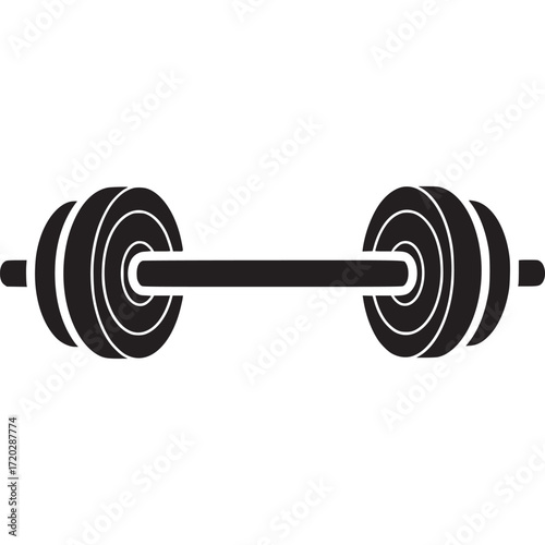 Black dumbbell icon on white background for fitness, weightlifting, and strength training isolated on white background