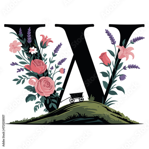 Elegant black letter x decorated with lush pink roses lilies and lavender on a mossy hilltop