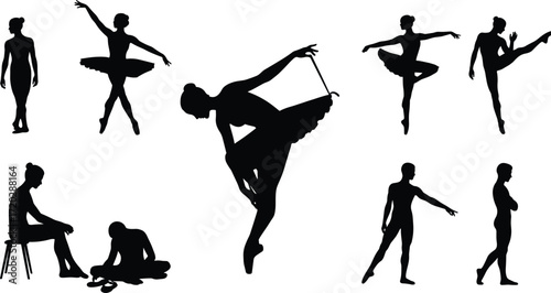 Ballet dancer silhouettes, graceful poses, classical movement, seated preparation, pirouette, arabesque, ribbon gesture, dance art, elegant posture illustration