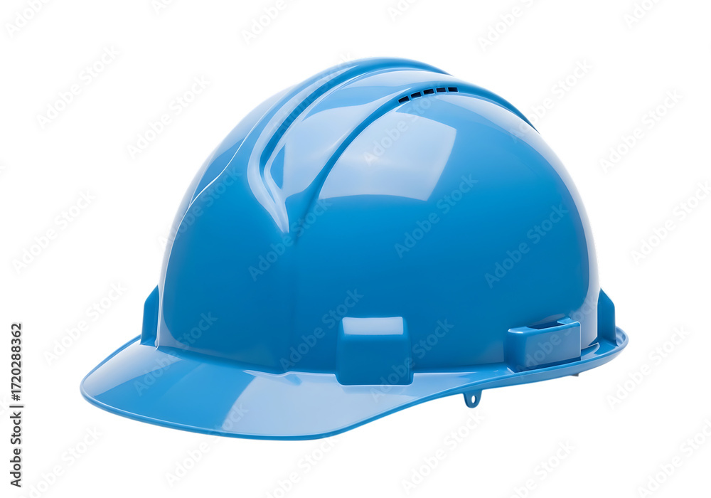 Fototapeta premium Bright blue safety hard hat for construction workers and industrial use isolated on transparent background
