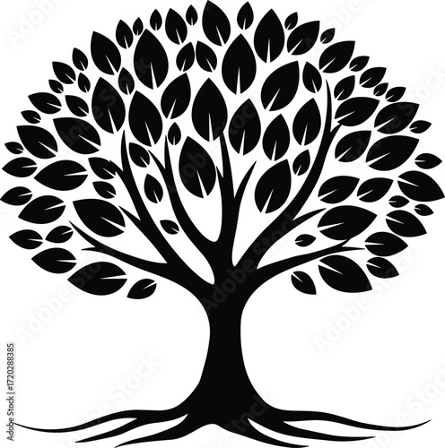 Tree of life silhouette illustration, decorative vector art with roots and leaves, nature growth symbol, black design, balanced canopy graphic