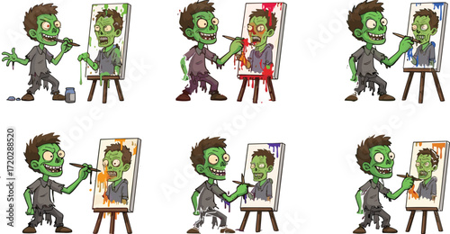 Funny cartoon zombie artist painting self-portrait on canvas with dripping colorful paints, creative undead character illustration for Halloween horror artwork