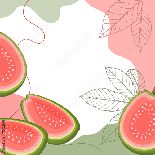Guava fruits background. A composition of guava fruits with organic shapes and leaves on an abstract background. Card, banner, poster.