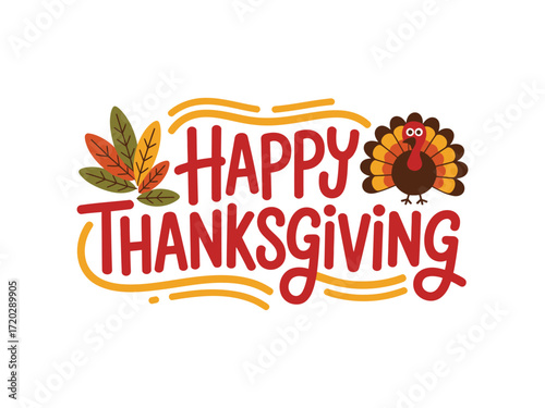 Happy Thanksgiving turkey and autumn leaves graphic