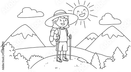Smiling Hiker Enjoys Mountain View Under Sunny Sky, Illustrated Adventure