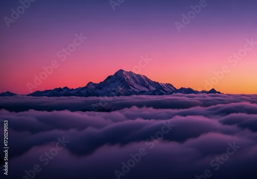 A Majestic Mountain Peak Floating Above a Serene Purple Sea of Clouds at Twilight.
