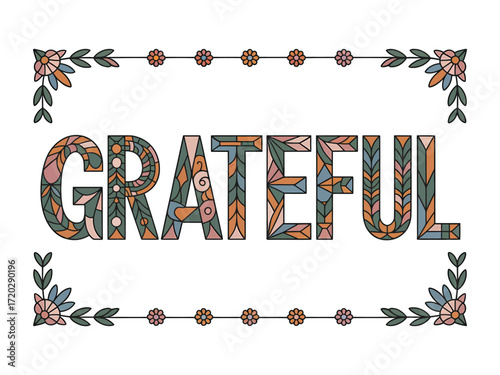 Grateful text with floral border and geometric patterns