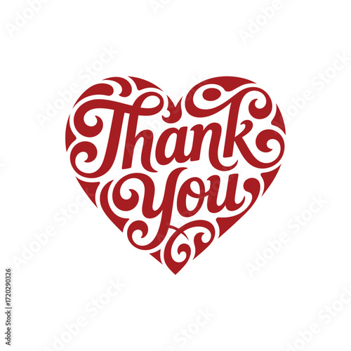 Red heart with thank you text ornate design lettering