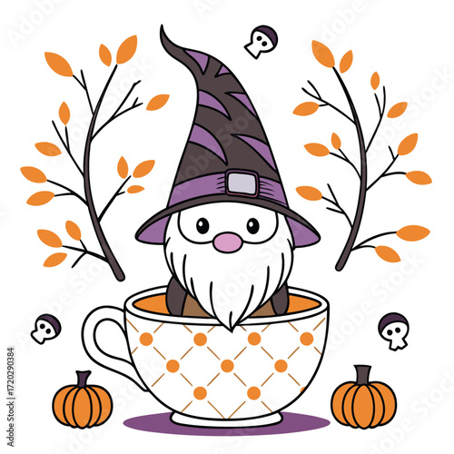 Vector art of cute halloween gnome wearing a witch hat sitting in a teacup