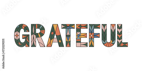 Grateful word art with retro geometric patterns typography