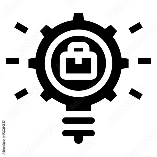 Icono de innovación empresarial. Creatividad corporativa, progreso organizacional y estrategia de negocios. Bombilla estilo engranaje y maletín de negocios. Ilustración vectorial