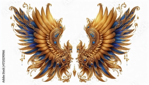Majestic golden wings illustrating fantasy art digital design creative environment vibrant viewpoint