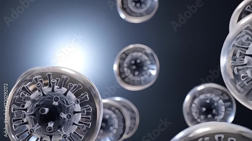 Abstract Microscopic Spheres floating in Space with Spotlighting on the Dark Background