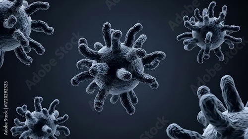 Abstract Microscopic Viruses Floating In Dark Blue Background