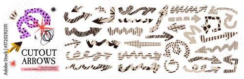 Paper arrow sticker set with torn pattern and scribble doodle for scrapbook design. Bold and grunge paper arrow sticker set with torn edges, crayon scribbles and hand drawn funky patterns.