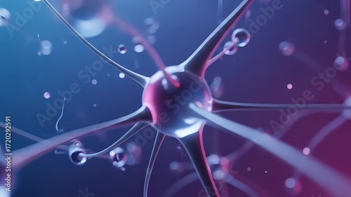 Abstract Neural Network Structure With Illuminated Sphere In Blue And Pink Gradient Background