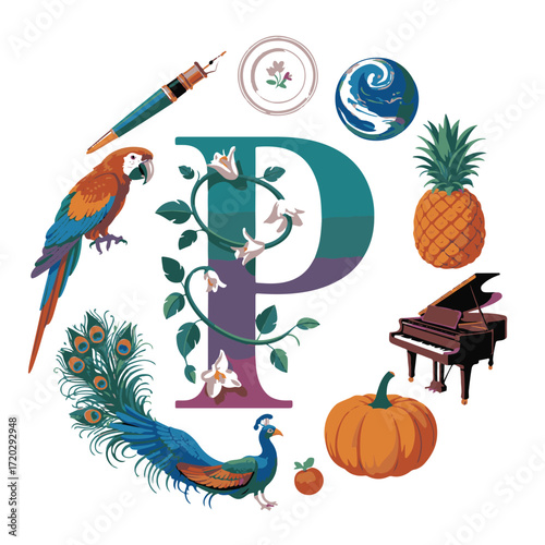 Elegant letter p decorated with tropical birds fruits flowers and musical instruments in a circular design