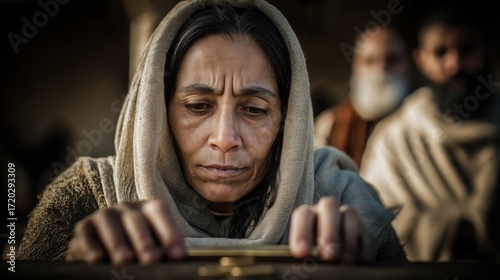 A poor widow gently drops two small coins into the offering, her humble act of faith and generosity shining amidst simplicity and devotion.