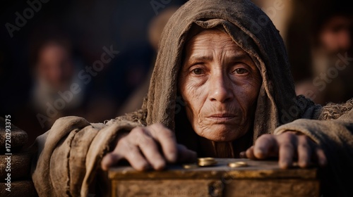 A poor widow gently drops two small coins into the offering, her humble act of faith and generosity shining amidst simplicity and devotion.