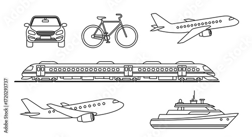Illustration of various modes of transportation, including a car, bicycle, airplane, train, and yacht