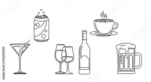 Collection of various drinks, including alcoholic and nonalcoholic beverages for refreshment