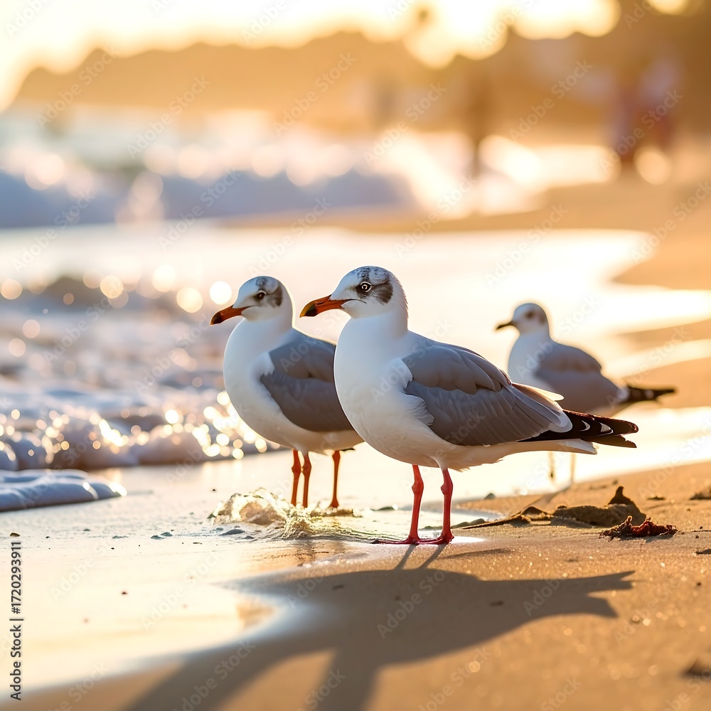 Fototapeta premium Seagulls on golden beach