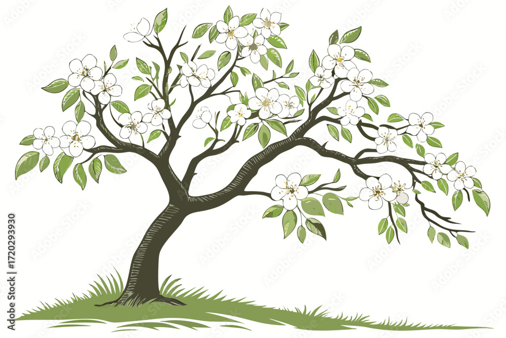 Obraz premium Beautiful pear tree in spring with white blossoms and lush green foliage vector illustration
