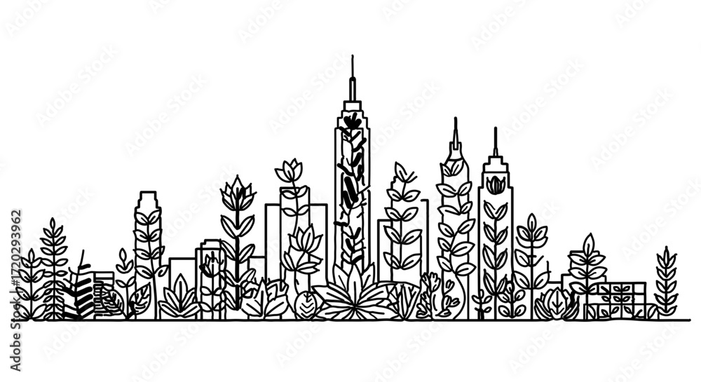 Fototapeta premium Green city concept, line art vector illustration urban landscape with plants