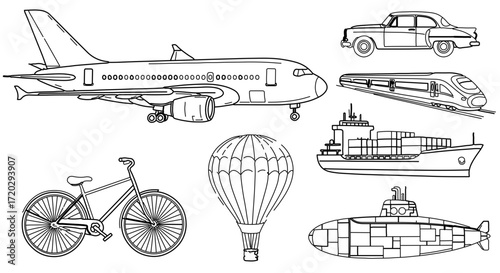 Various means of transport in black and white line art, including airplane, car, ship