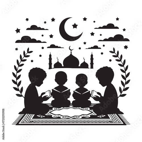 Four young muslim children silhouetted reading the quran together on a prayer rug under a crescent moon and stars