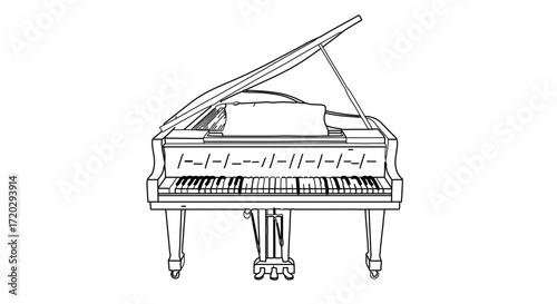 Detailed black and white illustration of a grand piano, showcasing musical instrument