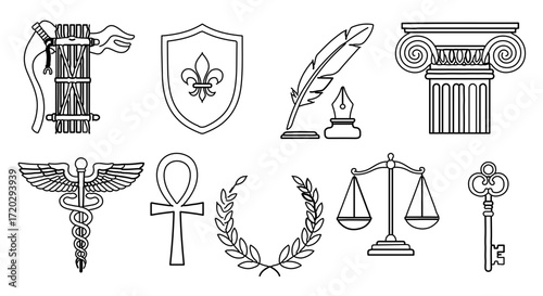 Collection of historical symbols in black and white line art, including fasces, caduceus