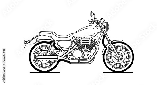 Motorcycle in black and white line art, a classic cruiser motorbike design