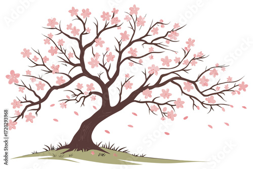 Vibrant peach tree with delicate pink spring blossoms vector illustration
