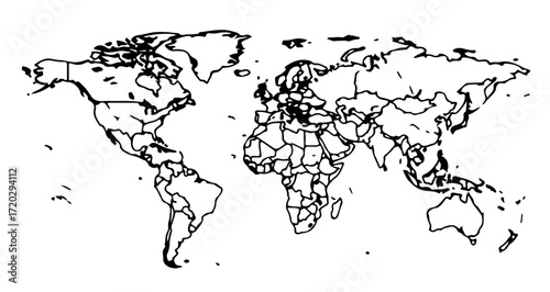 World map, showcasing continents and countries in a minimalist line art style
