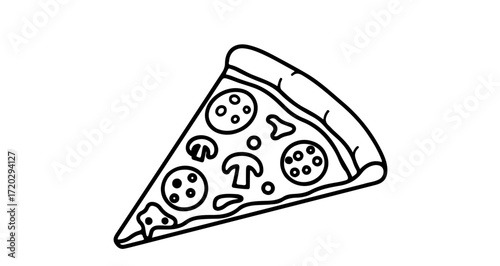 Illustration of a slice of pizza with pepperoni and mushrooms for coloring book