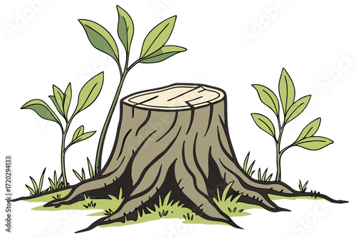 Vector illustration of a realistic tree stump with new bright green shoots growing healthy