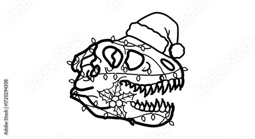 Festive dinosaur skull with santa hat and christmas lights for holiday designs