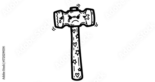 Illustration of an angry hammer with stars and hearts hand drawn vector