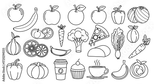 Illustration of various food items hand drawn vector line art style