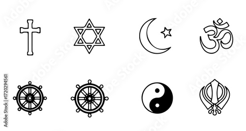 Illustration of various religious symbols hand drawn vector line art style