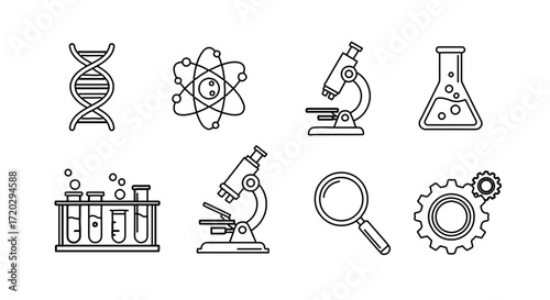Science and laboratory equipment outline icon set, research and experiment