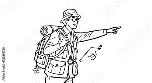 A cartoon tourist with a backpack points the way, he is wearing a hat and glasses